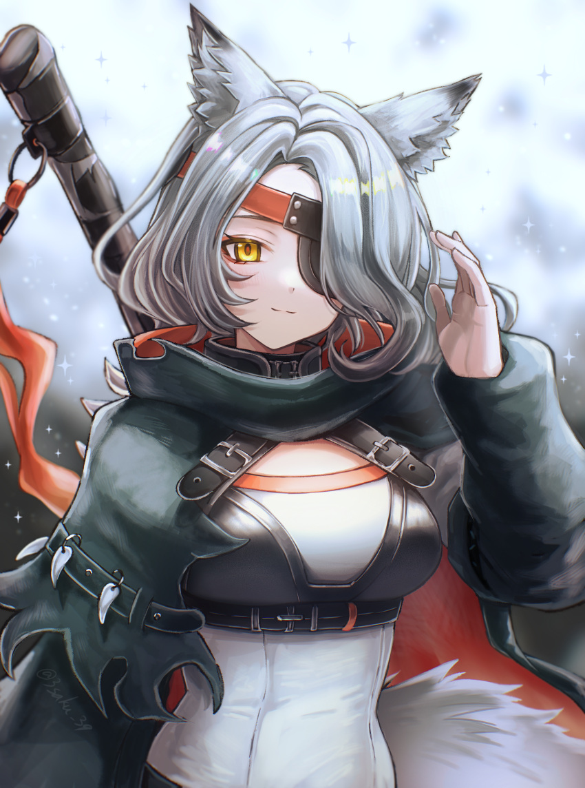 1girl, 3_(sanyako1), animal_ears, arknights, black_cape, breasts, cape, eyepatch