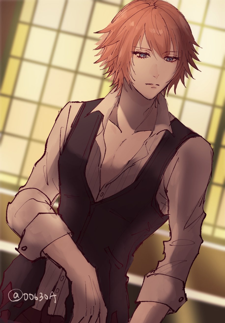 1boy, backlighting, black_vest, blue_eyes, buttons, collared_shirt, expressionless, highres