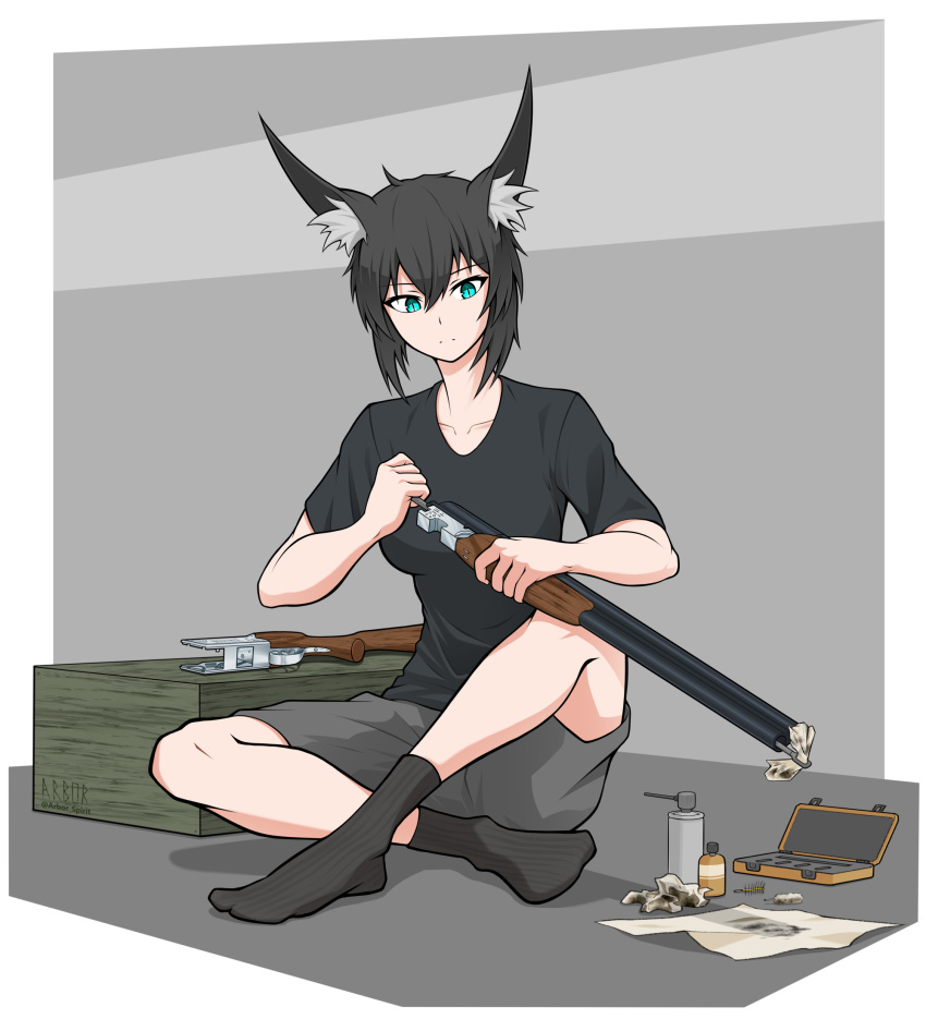 1girl, animal_ears, arbor_spirit, black_hair, blue_eyes, bottle, box, cleaning
