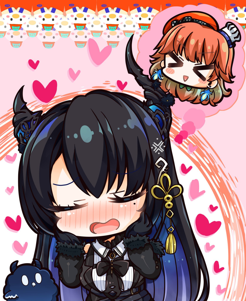 >_<, 2girls, :d, beret, black_bow, black_bowtie, black_gloves, black_hair, black_necktie, blue_hair, blush, blush_stickers, bow, bowtie, chef_hat, chibi, closed_eyes, colored_inner_hair, demon_horns, fur-trimmed_sleeves, fur_trim, gloves, hair_ornament, hat, heart, highres, hololive, hololive_english, horns, jailbird_(nerissa_ravencroft), kfp_employee_(takanashi_kiara), long_hair, lovestruck, mole, mole_under_eye, multicolored_hair, multiple_girls, necktie, nerissa_ravencroft, open_mouth, orange_hair, shiroimaru, smile, streaked_hair, takanashi_kiara, tassel, tassel_hair_ornament, thought_bubble, uneven_horns, very_long_hair, virtual_youtuber