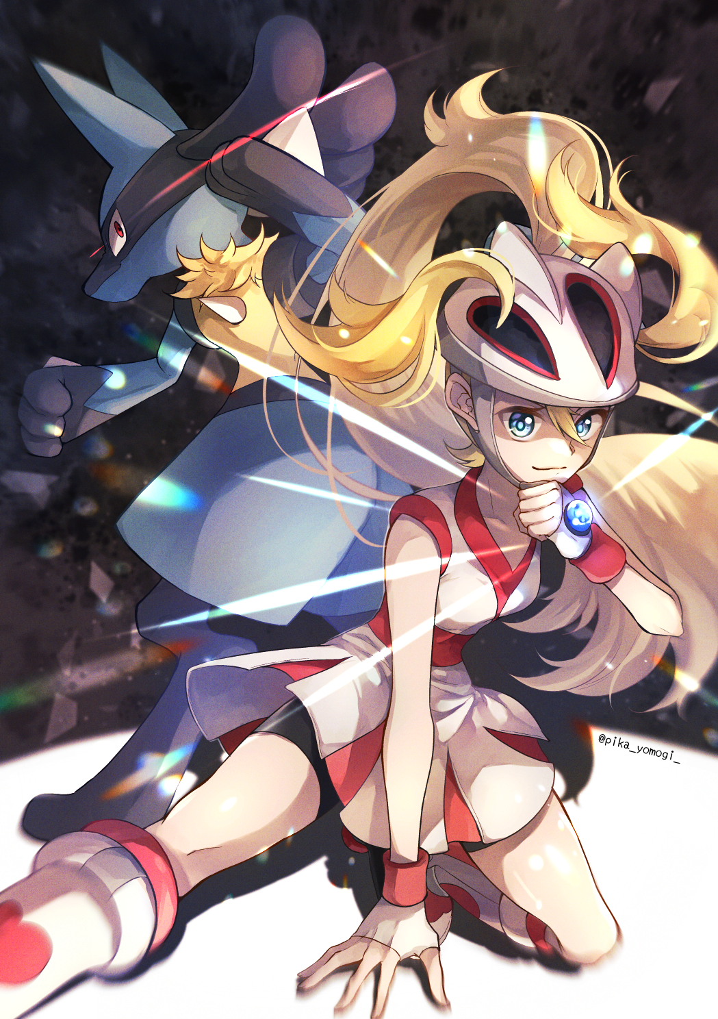 1girl, bare_arms, bike_shorts, blonde_hair, blue_eyes, boots, closed_mouth, commentary_request