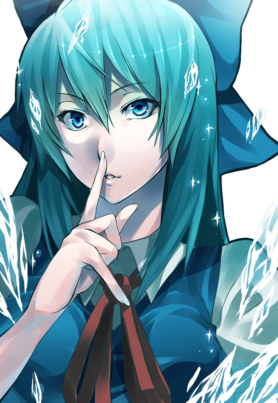 adult, alternate_hairstyle, bad_id, blue_eyes, blue_hair, bow, cirno, face