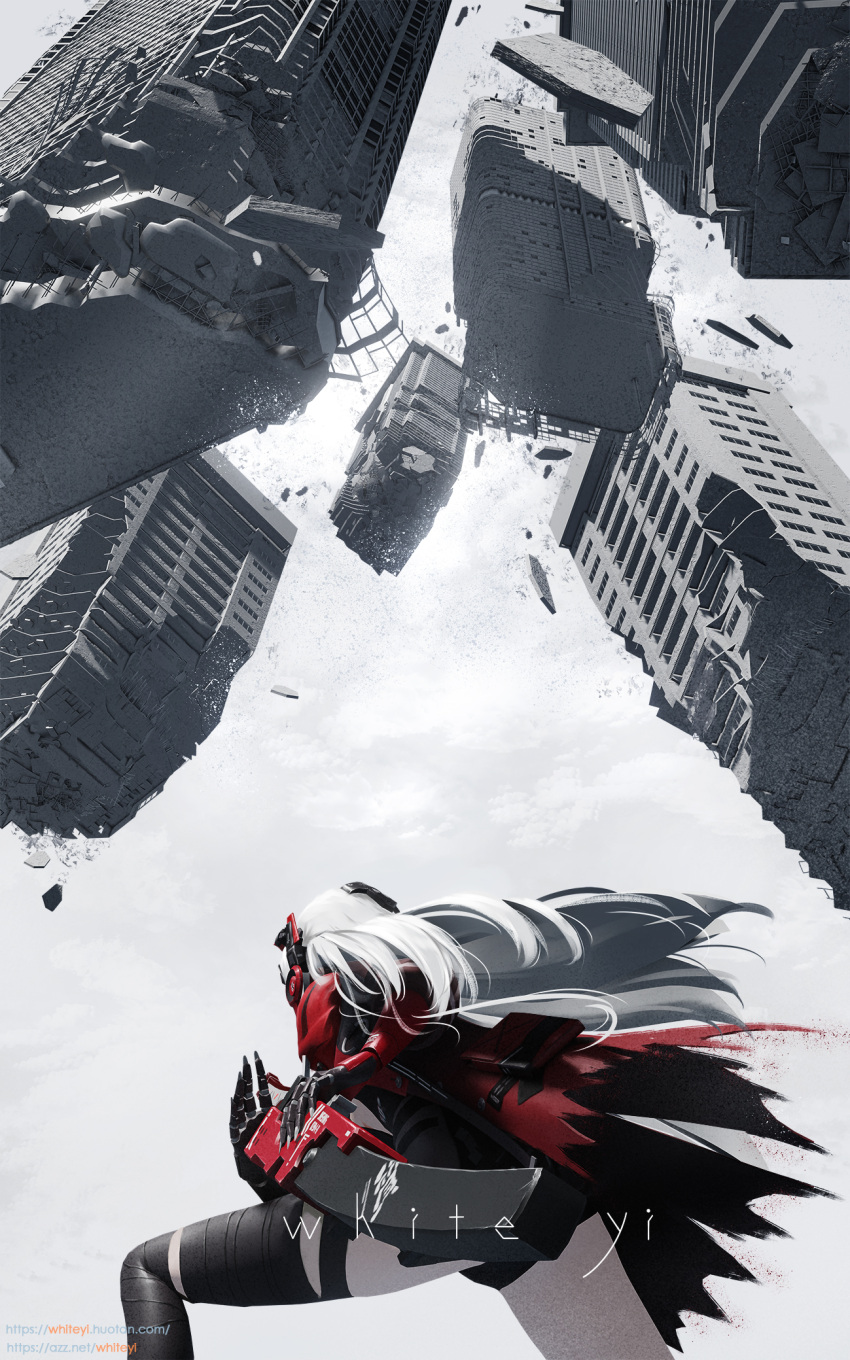 1girl, bandaged_leg, bandages, black_bandages, black_shorts, from_behind, from_below, headgear