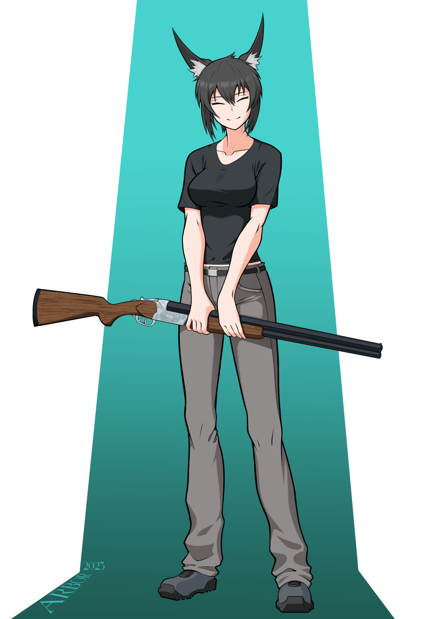 1girl, absurdres, animal_ears, arbor_spirit, artist_name, blonde_hair, collarbone, double-barreled_shotgun