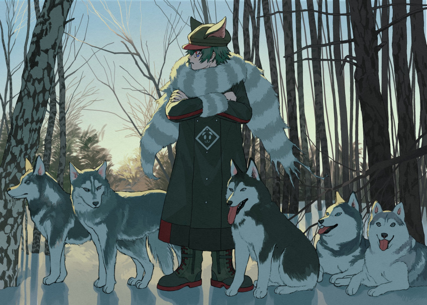 1boy, animal_ears, animal_hat, bare_tree, birch_tree, black_footwear, black_headwear, boots