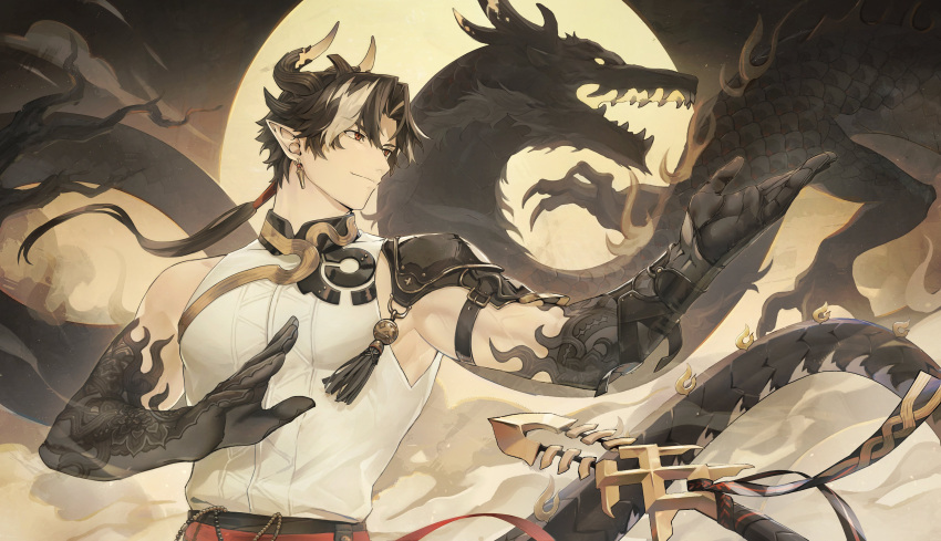1boy, absurdres, arknights, armor, belt, black_skin, brown_hair, brown_sky