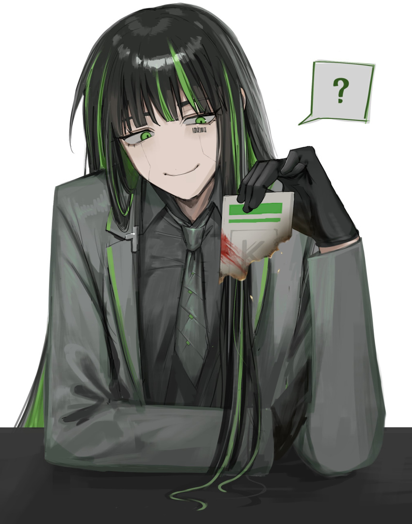 1girl, absurdres, alfonso_(limbus_company), barcode, barcode_tattoo, black_gloves, black_hair, black_necktie