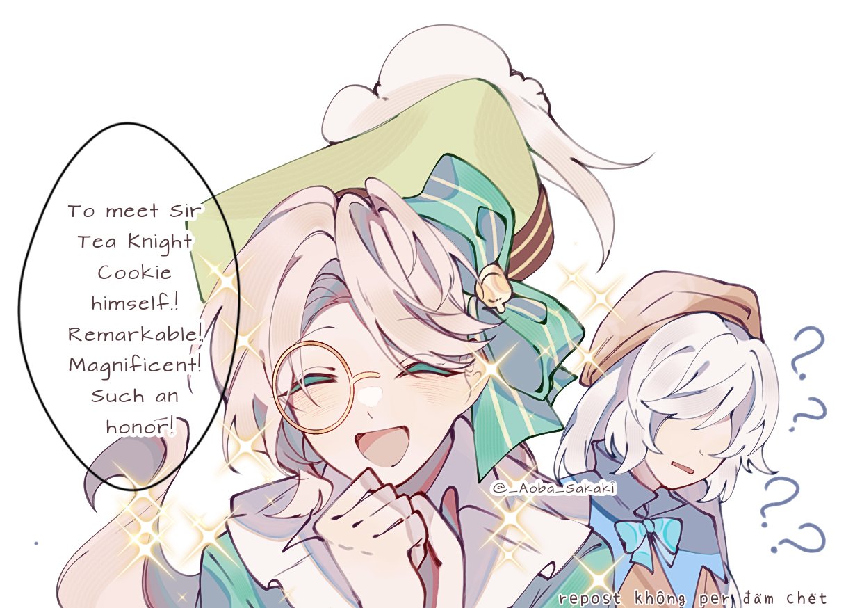 1boy, 1girl, beret, blue_bow, blue_bowtie, blue_capelet, blush, bow, bowtie, capelet, closed_eyes, cookie_run, cream_puff_cookie, eclair_cookie, green_headwear, hair_bow, hat, long_hair, monocle, open_mouth, orange_headwear, sakiaoba, simple_background, smile, sparkle, very_long_hair, white_background, white_hair