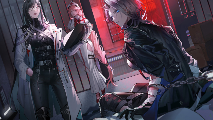 absurdres, anne_(path_to_nowhere), black_hair, black_jacket, blue_eyes, cuffs, doctor, glasses, handcuffs, highres, iron_(path_to_nowhere), jacket, nurse, pink_hair, red_background, sleepless_(wrysmile), zouya_(path_to_nowhere)