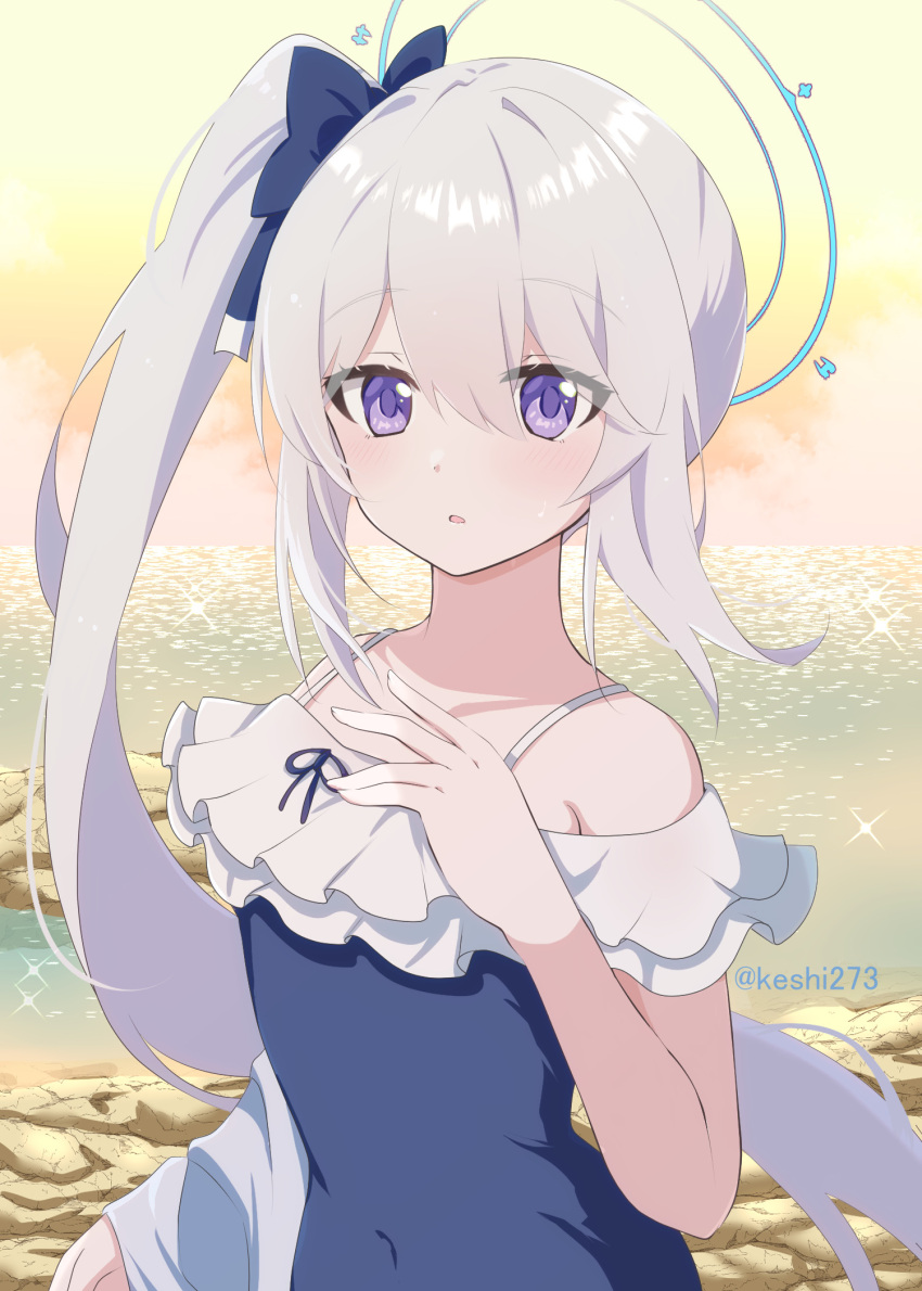 1girl, blue_archive, blue_halo, blue_one-piece_swimsuit, blue_ribbon, clouds, commentary_request, frilled_one-piece_swimsuit, frills, hair_between_eyes, hair_over_one_eye, hair_ribbon, halo, hand_up, highres, keshi273, long_hair, looking_at_viewer, miyako_(blue_archive), miyako_(swimsuit)_(blue_archive), ocean, off-shoulder_one-piece_swimsuit, off_shoulder, official_art, one-piece_swimsuit, ribbon, side_ponytail, sky, solo, swimsuit, twitter_username, upper_body, violet_eyes, white_hair