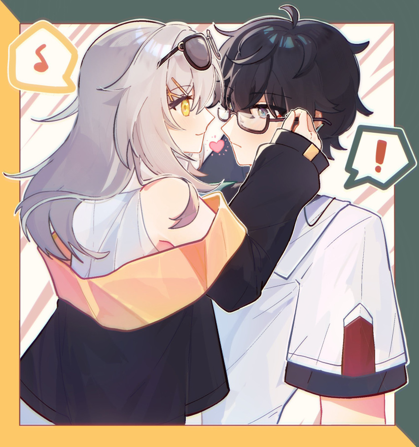 !, 1boy, 1girl, adjusting_eyewear, ahoge, black_hair, black_sleeves, closed_mouth