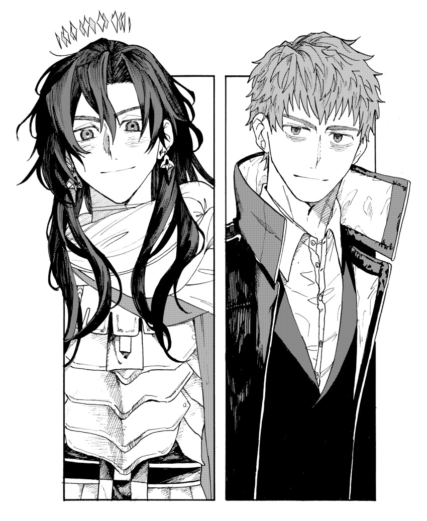 >:), 2boys, armor, bags_under_eyes, border, choppy_bangs, cloak, closed_mouth