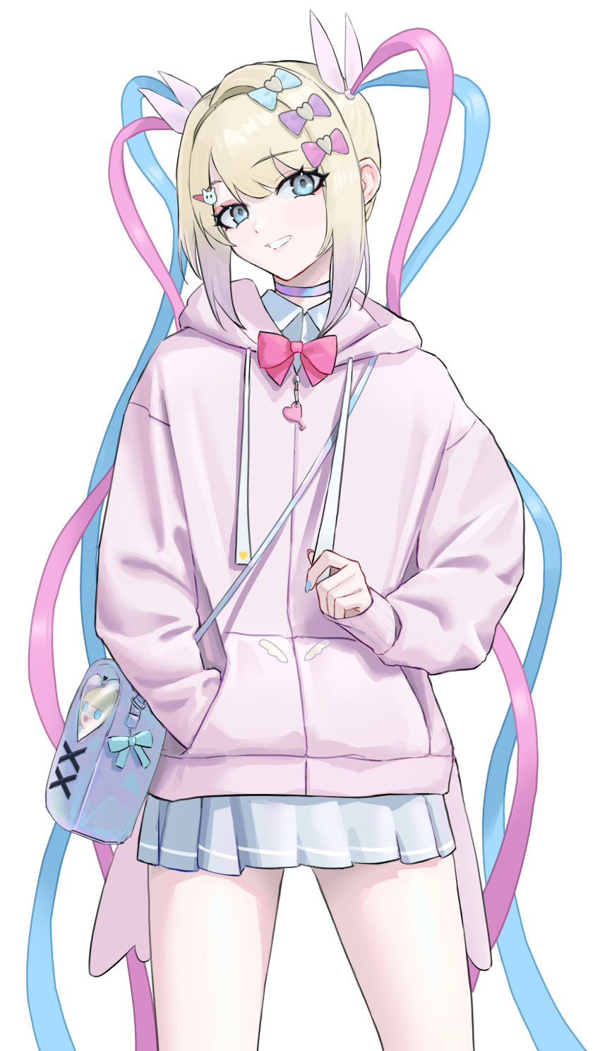 1girl, absurdres, bag, blonde_hair, blue_bag, blue_bow, blue_eyes, blue_hair