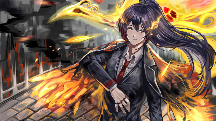 bird, black_coat, black_jacket, blue_hair, coat, coat_on_shoulders, fiery_clothing, fire, firebird_(lobotomy_corporation), fkrnnmr, high_ponytail, highres, hong_lu_(limbus_company), jacket, jewelry, limbus_company, long_hair, long_sleeves, looking_at_viewer, multiple_rings, phoenix, project_moon, ring, sidelocks, smile, very_long_hair