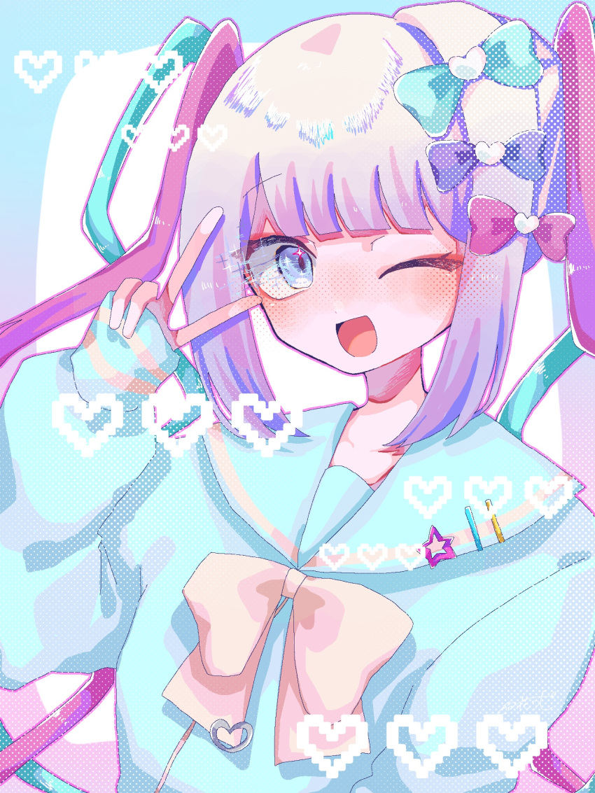 1girl, ;d, blue_bow, blue_eyes, blue_hair, blue_shirt, blunt_bangs, blush, bow, chouzetsusaikawa_tenshi-chan, commentary_request, hair_bow, hair_ornament, hand_up, heart, heart_hair_ornament, highres, long_hair, long_sleeves, looking_at_viewer, mka_rapi, multicolored_hair, needy_girl_overdose, one_eye_closed, open_mouth, pink_bow, pink_hair, purple_bow, quad_tails, sailor_collar, shirt, smile, solo, twintails, upper_body, v, very_long_hair, yellow_bow