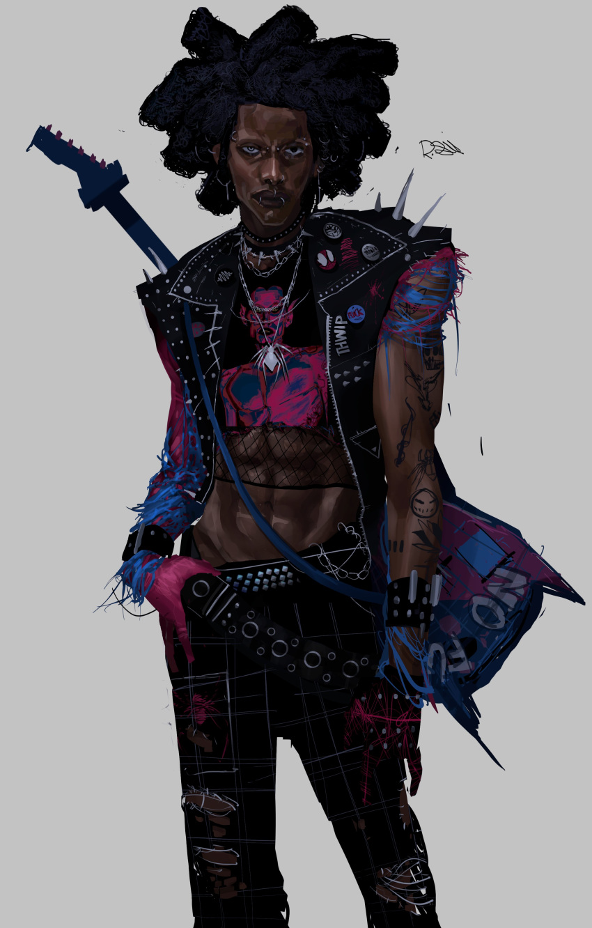 1boy, absurdres, belt, black_hair, black_skin, colored_skin, ear_piercing, electric_guitar