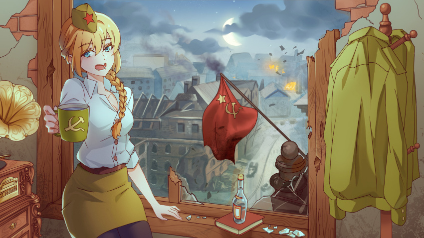 18966319959, alcohol, battle, berlin, blonde_hair, blue_eyes, bottle, braid
