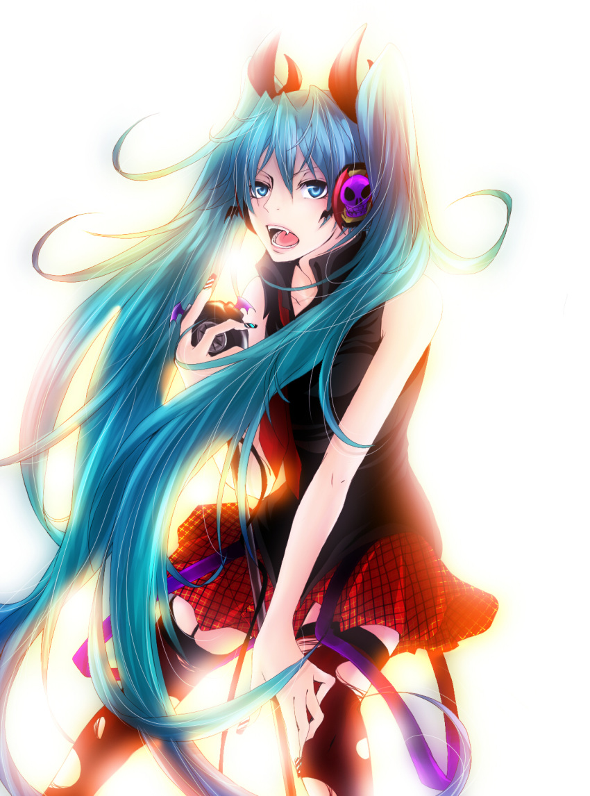 aqua_eyes, aqua_hair, detached_sleeves, fang, hatsune_miku, headphones, highres, long_hair, microphone, microphone_stand, nail_polish, open_mouth, ryoko_(pixiv), skirt, skull, solo, thigh-highs, thighhighs, twintails, very_long_hair, vocaloid, zettai_ryouiki