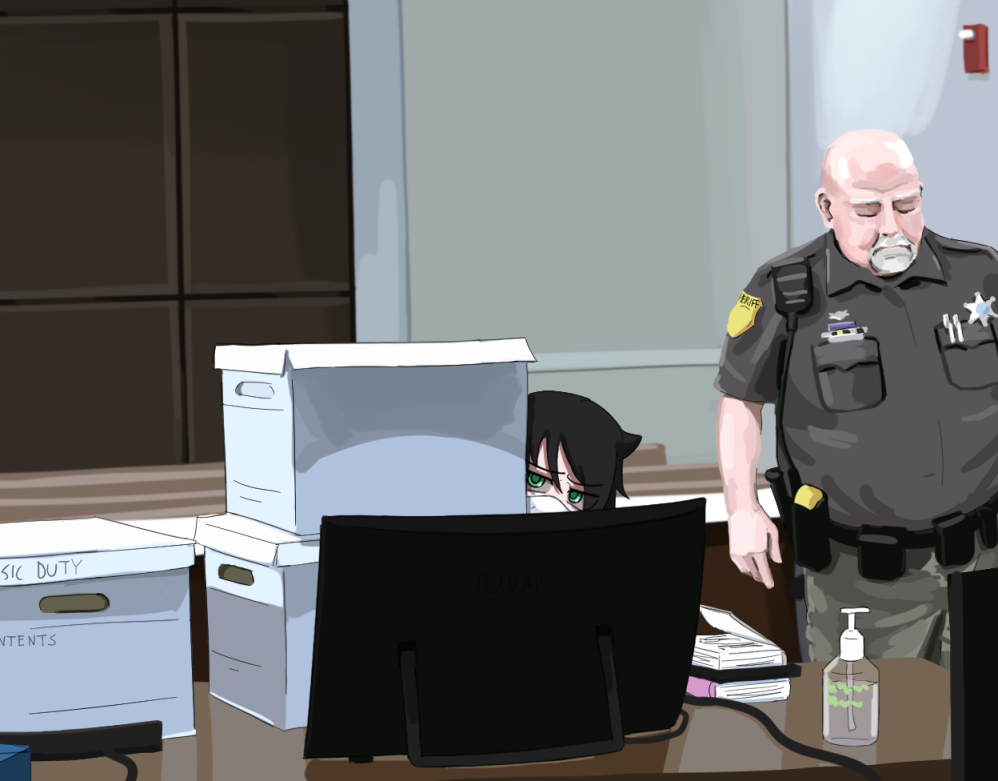 1boy, 1girl, bald, baton_(weapon), black_hair, black_shirt, box, darell_brooks