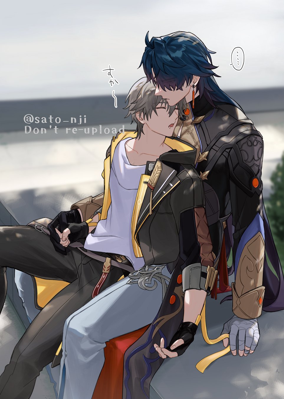 ..., 2boys, bandaged_hand, bandages, black_gloves, black_jacket, black_pants, blade_(honkai:_star_rail)