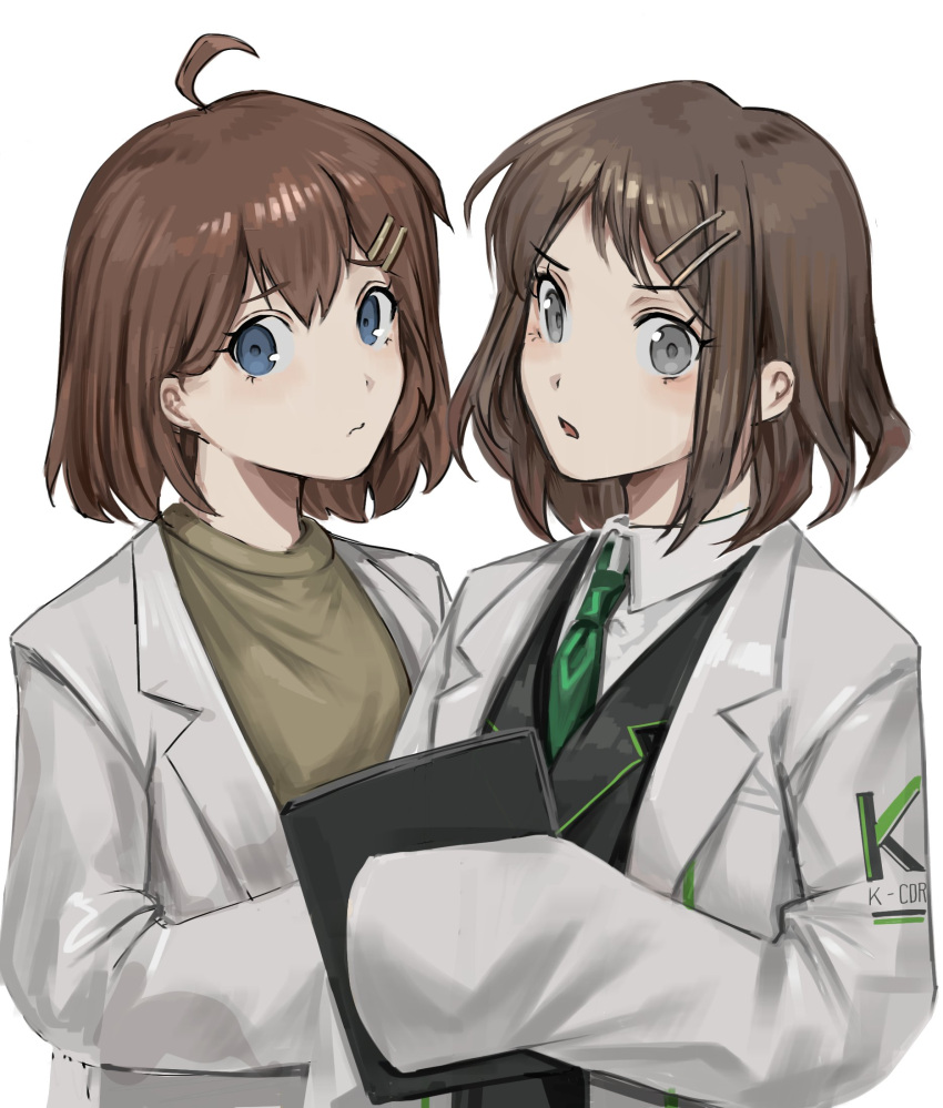 2girls, ahoge, blue_eyes, brown_hair, closed_mouth, coat, collared_shirt, green_necktie, grey_eyes, hair_ornament, hairclip, highres, lab_coat, limbus_company, lobotomy_corporation, long_sleeves, look-alike, looking_at_viewer, medium_hair, michelle_(project_moon), multiple_girls, na-gyou_(nunumaru), necktie, open_mouth, project_moon, shirt, shrenne_(limbus_company), sidelocks, simple_background, upper_body, white_background, white_coat, white_shirt