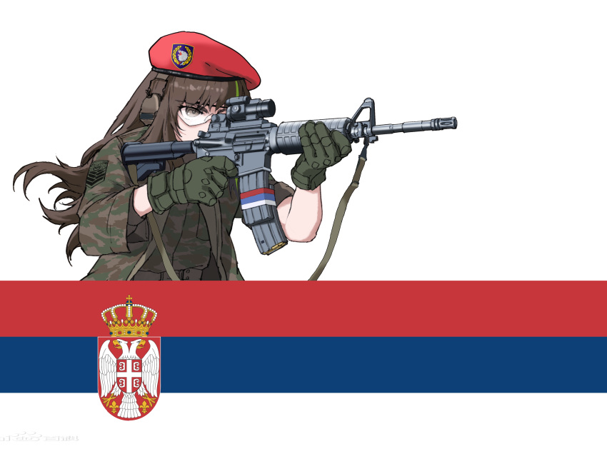 absurdres, aiming, assault_rifle, beret, brown_hair, camouflage, ear_protection, girls_frontline