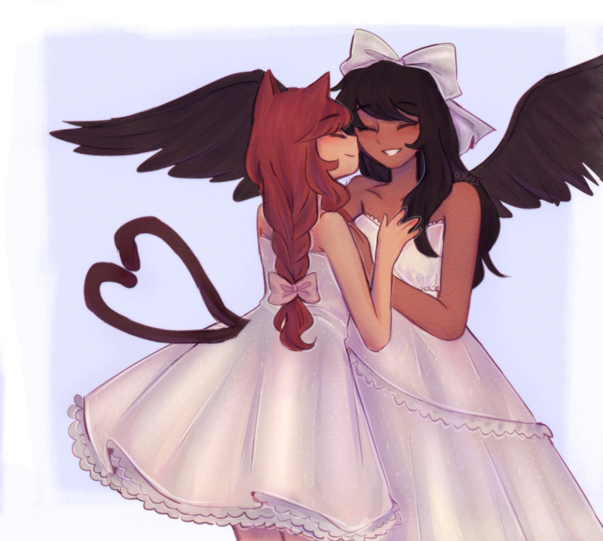 2girls, :d, alternate_hairstyle, alternate_skin_color, animal_ears, bird_wings, black_hair, black_wings
