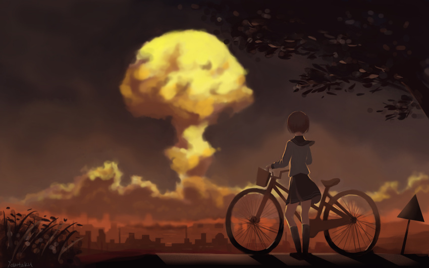 1girl, bicycle, blue_sailor_collar, commentary, evening, from_behind, highres, mushroom_cloud