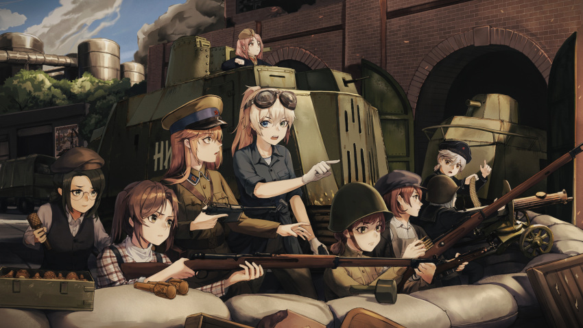 6+girls, absurdres, ammunition_belt, ammunition_box, bolt_action, chinese_commentary, explosive, garrison_cap