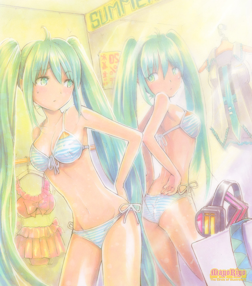 bad_id, bad_reflection, bikini, dressing_room, error, front-tie_top, green_eyes, green_hair, hatsune_miku, long_hair, mayo_riyo, mirror, project_diva, project_diva_(series), reflection, side-tie_bikini, solo, striped, striped_bikini, striped_swimsuit, swimsuit, twintails, very_long_hair, vocaloid
