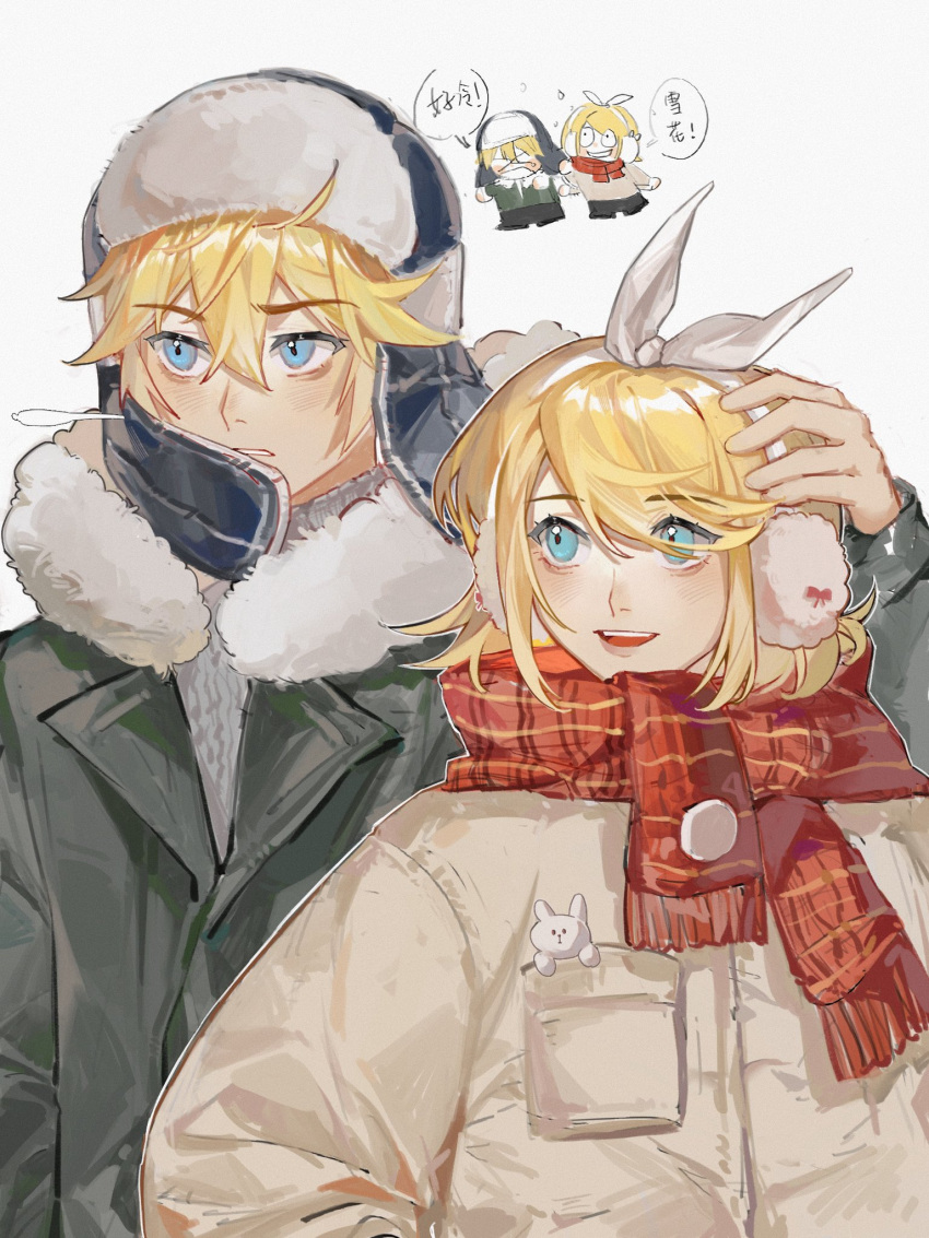 1boy, 1girl, alternate_costume, blonde_hair, blue_eyes, bow, coat, commentary_request