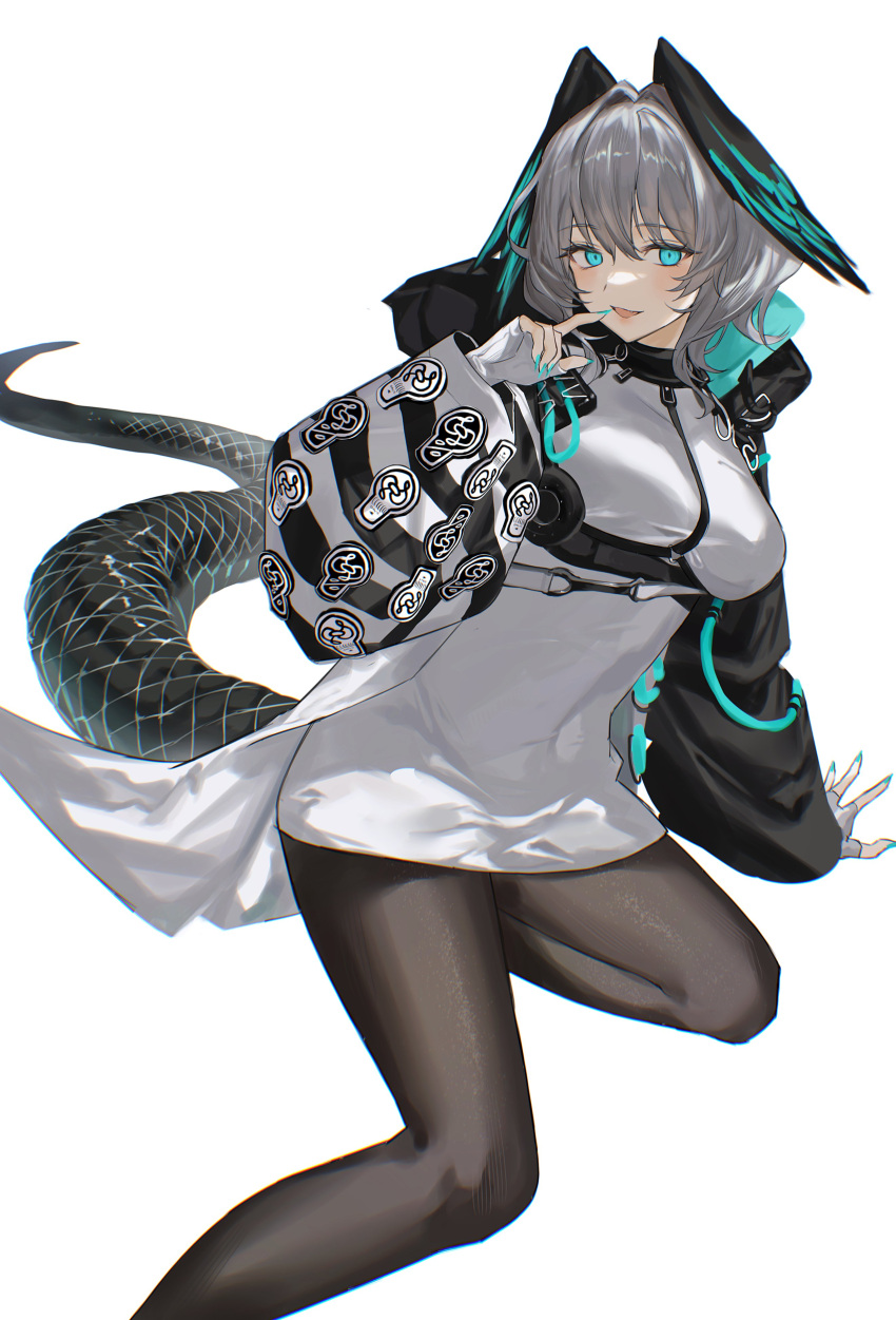 1girl, 2naom8q6gt87292, absurdres, aqua_eyes, aqua_nails, arknights, black_coat, black_pantyhose