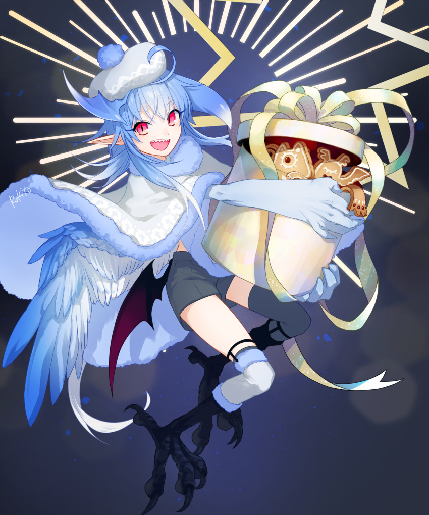 1boy, absurdres, ahoge, animal_feet, bird_legs, bird_wings, blue_background, blue_hair
