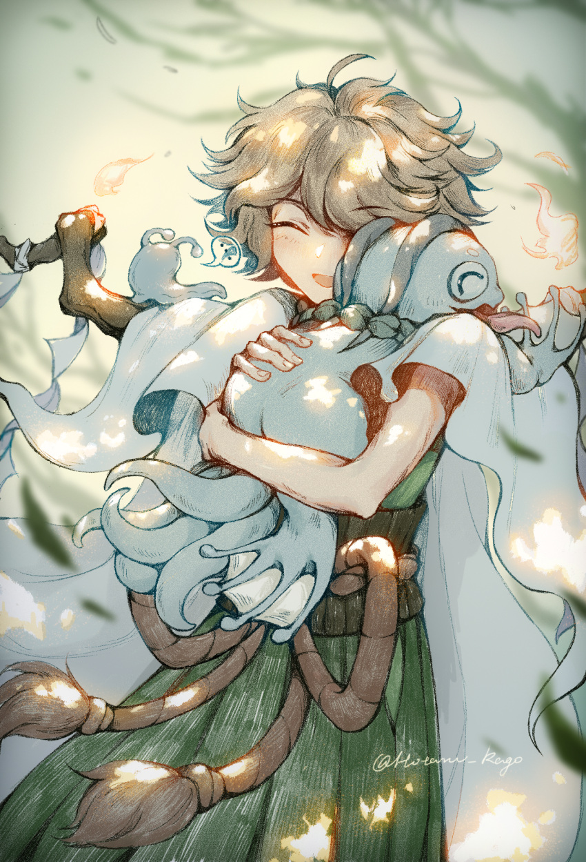 1other, ahoge, animal_hug, azuma_kaisen, azuma_kaisen_(frog), branch, cape, closed_eyes