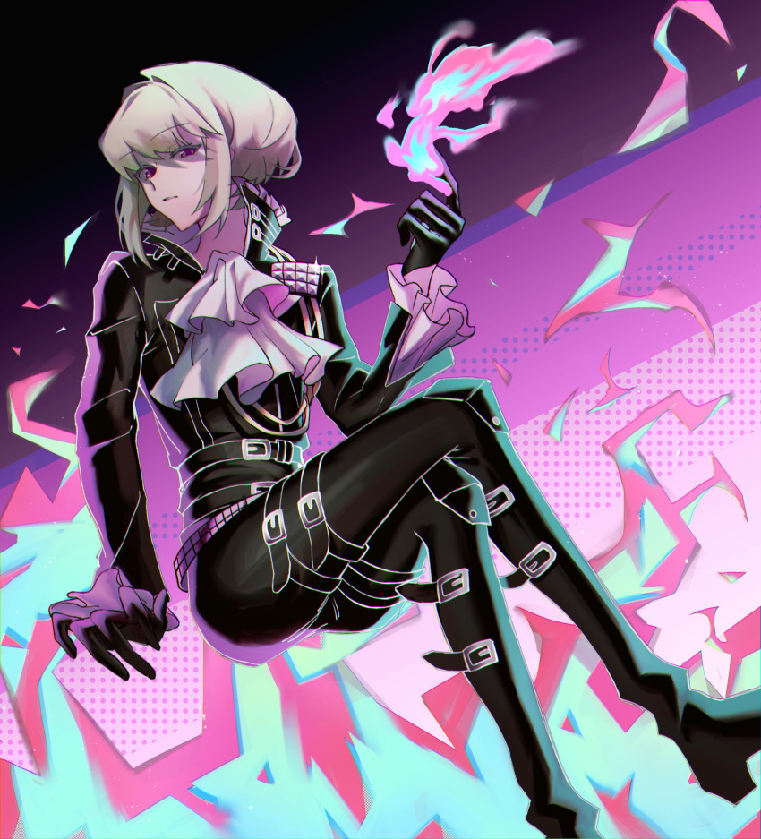 1boy, androgynous, ascot, belt, belt_buckle, black_belt, black_footwear, black_gloves