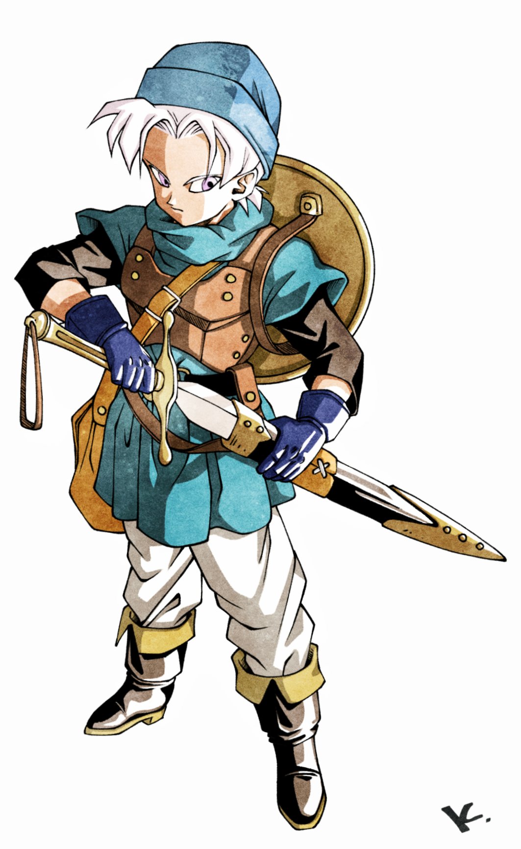 1boy, bag, black_undershirt, blue_gloves, blue_headwear, blue_tunic, boots, brown_bag