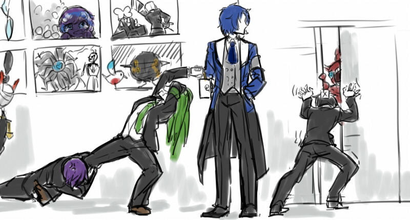 4boys, anger_vein, ascot, ayin_(project_moon), big_bird_(lobotomy_corporation), black_jacket, black_pants, blue_ascot