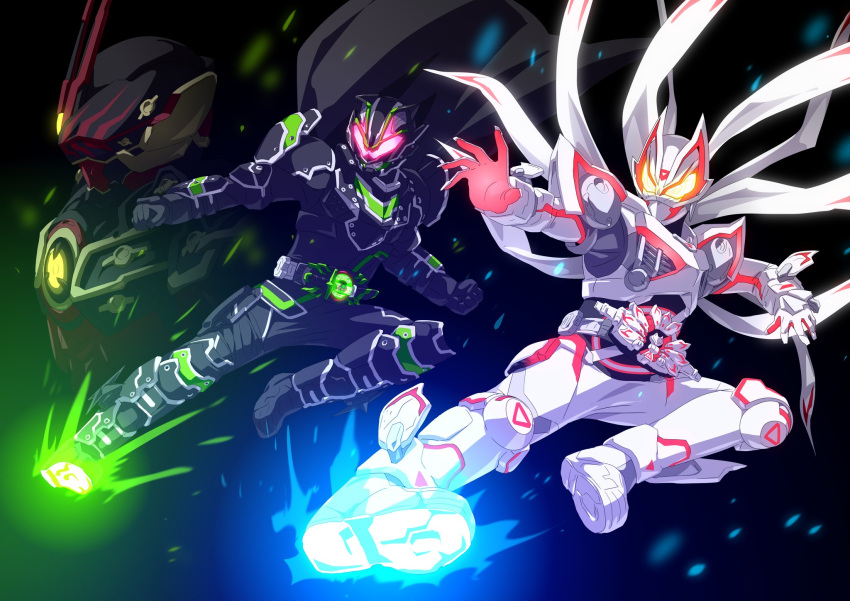 3boys, animal_ears, armor, black_armor, black_background, black_bodysuit, bodysuit, boost_mark_ix_buckle, bujinsword_buckle, cape, commentary, desire_driver, driver_(kamen_rider), energy_ball, extra_tails, faceoff, finishing_move, flying_kick, fox_mask, from_side, geats_buster_qb9, glowing, glowing_eyes, helmet, highres, kamen_rider, kamen_rider_geats, kamen_rider_geats_(series), kamen_rider_geats_ix, kamen_rider_regad, kamen_rider_tycoon, kamen_rider_tycoon_bujinsword, kicking, light_particles, male_focus, mask, multiple_boys, neon_trim, night, open_hands, orb, otokamu, power_armor, raccoon_ears, red_eyes, rider_belt, signature, tokusatsu, weapon, yellow_eyes, zoom_layer