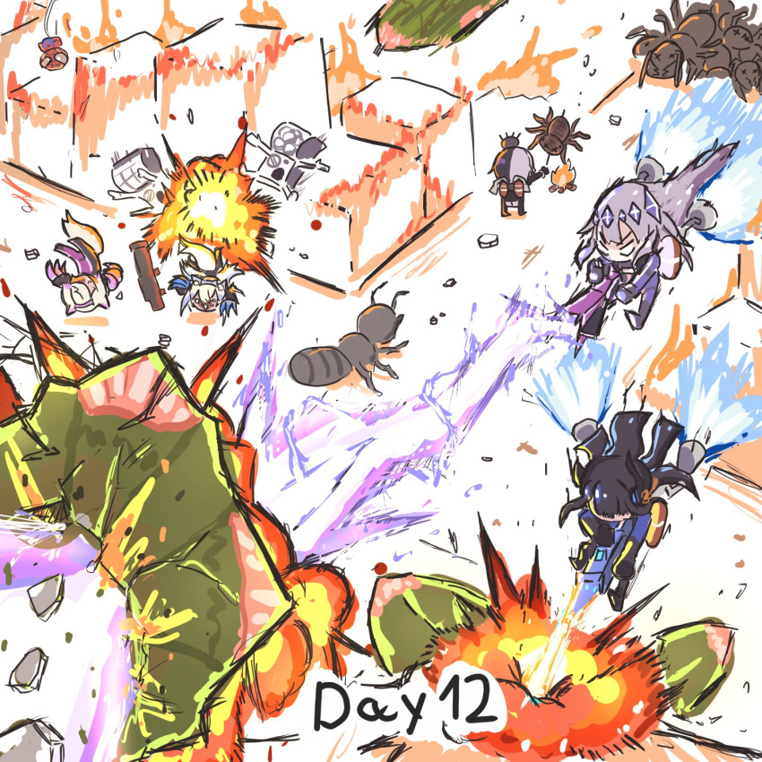 5girls, :d, building, campfire, chibi, cooking, earth_defence_force_5, energy_beam
