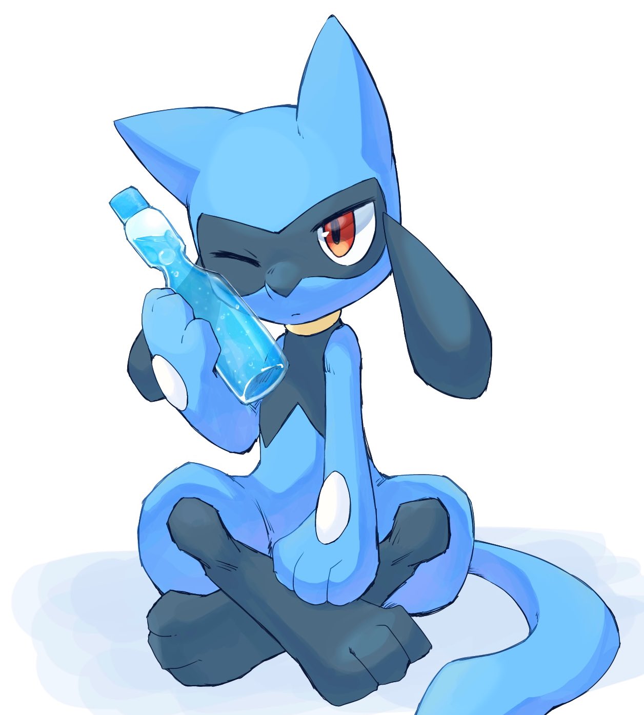 bottle, crossed_legs, highres, holding, holding_bottle, looking_at_viewer, no_humans, one_eye_closed