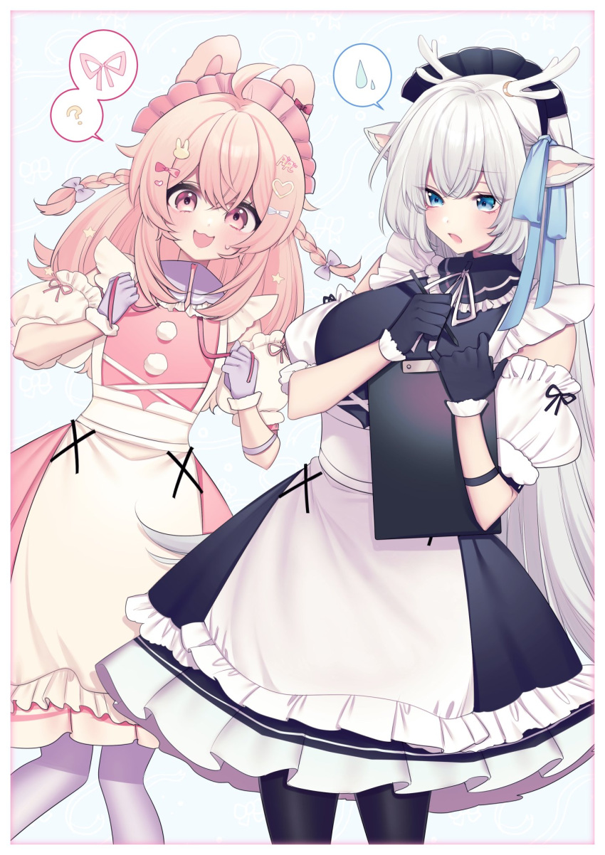2girls, ?, ahoge, alternate_costume, animal_ears, antlers, apron, arm_garter