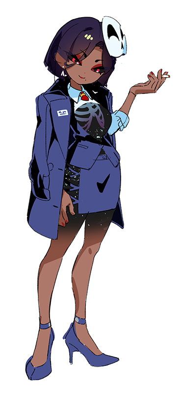 1girl, belle_(inferno_cafe), black_sclera, breasts, buttons, cigarette, closed_mouth, coat, coat_on_shoulders, colored_sclera, dark-skinned_female, dark_skin, donuttypd, earrings, eyeshadow, hand_up, head_tilt, high_heels, holding, holding_cigarette, inferno_cafe, jewelry, lipstick, long_sleeves, looking_at_viewer, makeup, mask, mask_on_head, medium_breasts, mole, mole_under_mouth, monster_girl, nail_polish, name_tag, necktie, open_clothes, open_coat, pocket, purple_coat, purple_footwear, purple_hair, purple_skirt, red_eyes, red_eyeshadow, red_lips, red_nails, red_necktie, ribs, short_hair, simple_background, single_earring, skirt, smile, white_background