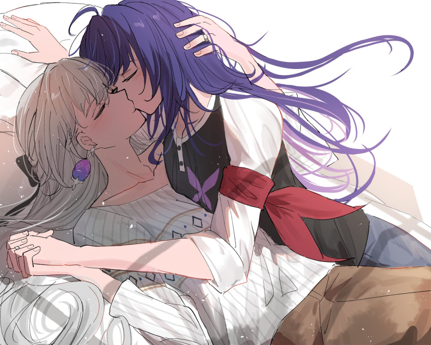 2girls, ahoge, alternate_costume, armband, blue_hair, bronya_rand, brown_pants, closed_eyes, collarbone, couple, earrings, english_commentary, girl_on_top, grey_hair, hand_on_another's_head, highres, holding_hands, honkai:_star_rail, honkai_(series), interlocked_fingers, jewelry, kaosmccloud, kiss, lying, multiple_girls, on_back, on_bed, open_hand, pants, pillow, red_armband, ring, seele_(honkai:_star_rail), shirt, upper_body, white_shirt, white_sleeves, wife_and_wife, yuri