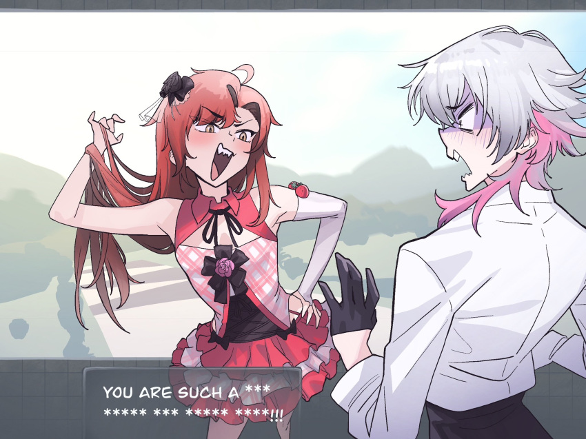 2boys, apron, audrey_belrose, audrey_belrose_(cosplay), black_gloves, blush, cosplay, crossdressing