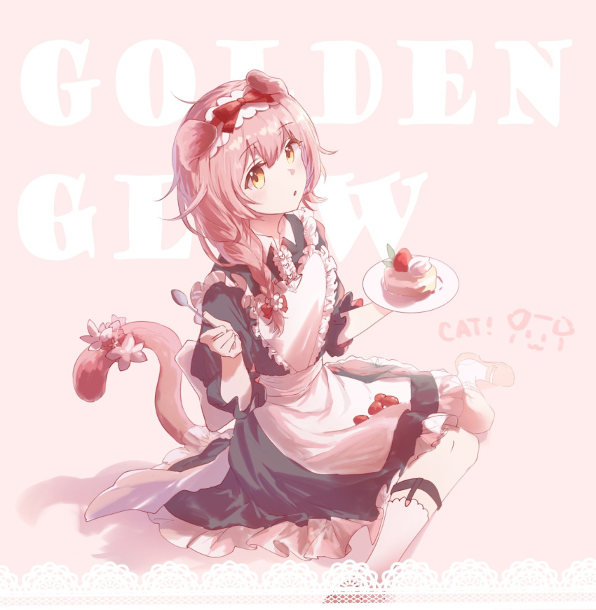 1girl, :o, alternate_costume, animal_ears, apron, arknights, braid, brown_eyes, cat_ears, cat_girl, cat_tail, character_name, collared_dress, commentary_request, dress, enmaided, food, frilled_apron, frilled_dress, frills, fruit, goldenglow_(arknights), hair_between_eyes, hair_over_shoulder, heart_apron, highres, holding, holding_plate, holding_spoon, long_hair, looking_at_viewer, maid, moleculesound, parted_lips, pink_background, pink_hair, plate, puffy_short_sleeves, puffy_sleeves, shoes, short_sleeves, simple_background, single_braid, sitting, socks, solo, spoon, strawberry, tail, text_background, wariza, white_apron, white_socks