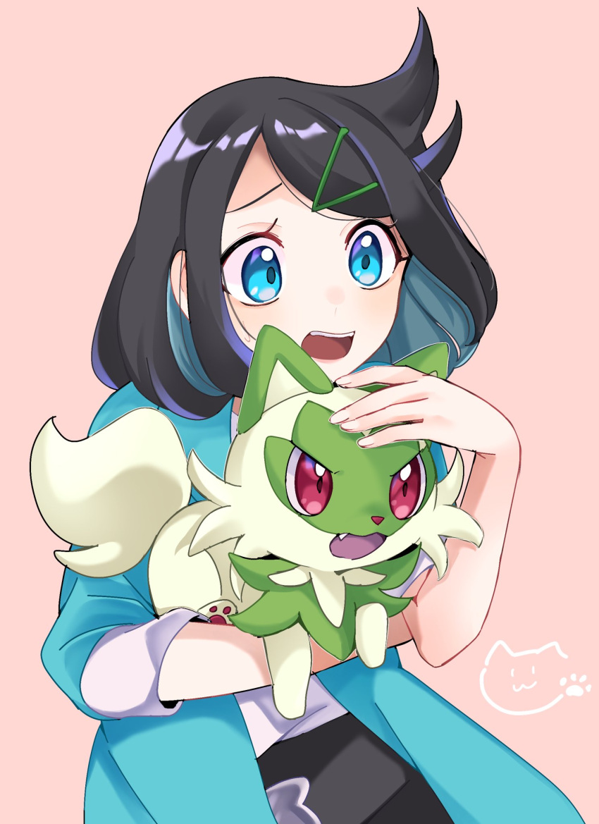 1girl, black_hair, black_shorts, coat, commentary_request, cowlick, eyelashes, green_coat, green_eyes, hair_ornament, hairclip, highres, holding, holding_pokemon, liko_(pokemon), open_mouth, pink_background, pokemon, pokemon_(anime), pokemon_(creature), pokemon_horizons, raised_eyebrows, shirt, shorts, sprigatito, teeth, tongue, ukocome, upper_teeth_only, white_shirt