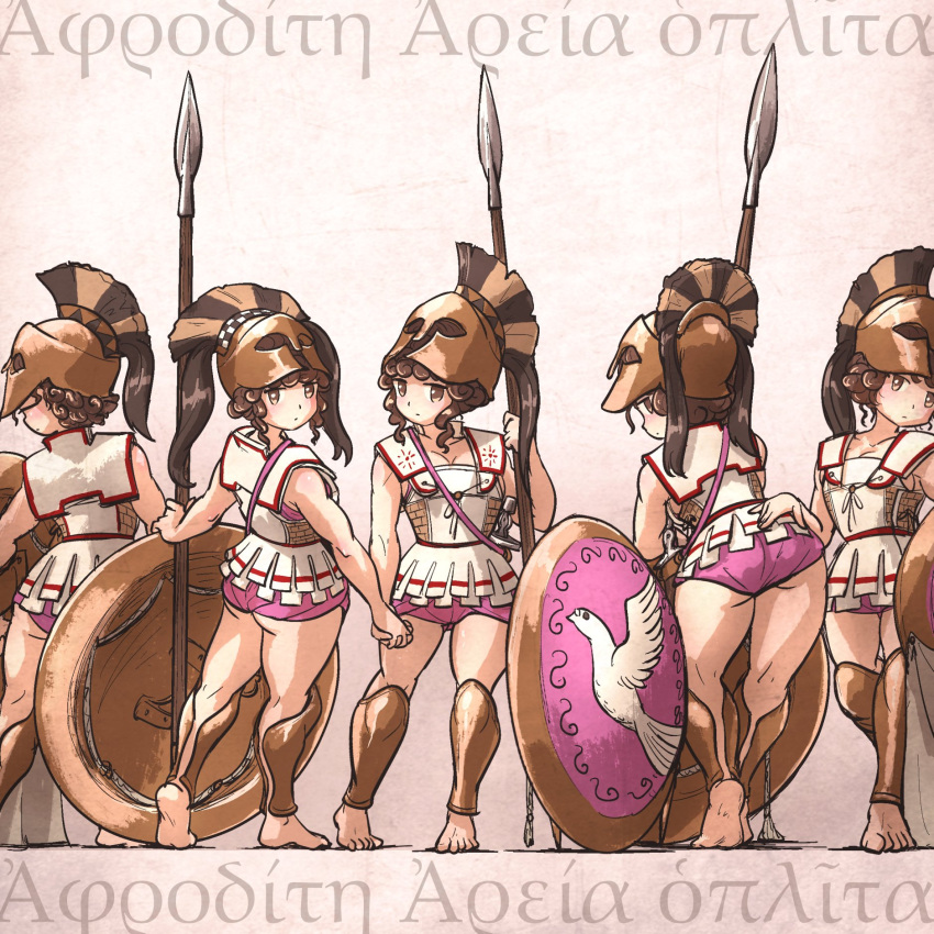 ancient_greek_clothes, armor, aspis, barefoot, brown_eyes, brown_hair, corinthian_helmet, curly_hair