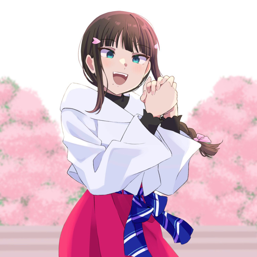 1girl, aqua_eyes, black_hair, blunt_bangs, blush, braid, hair_ornament, hairclip