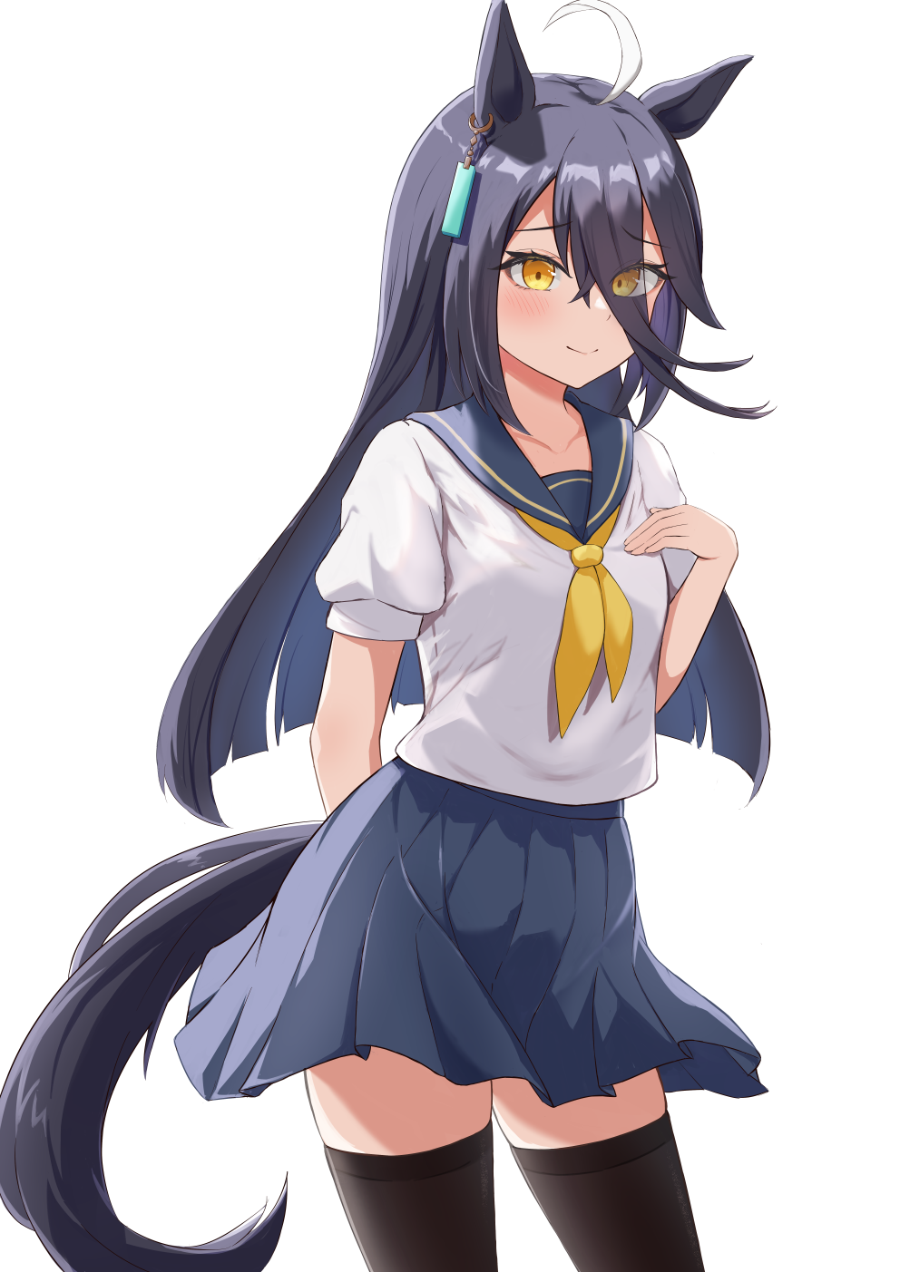 1girl, ahoge, alternate_costume, animal_ears, arm_behind_back, black_hair, black_thighhighs, blue_sailor_collar