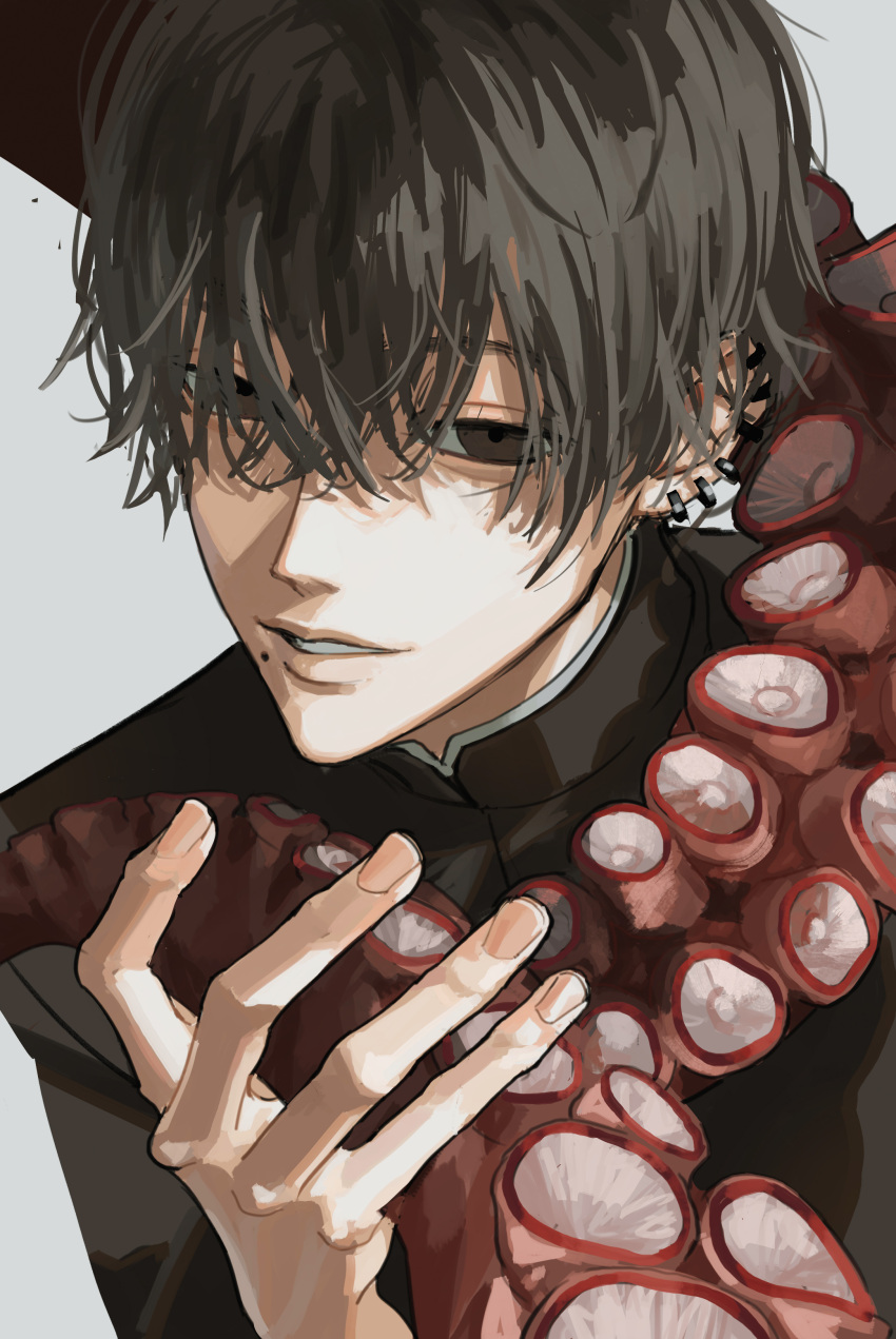 1boy, absurdres, black_hair, chainsaw_man, ear_piercing, gakuran, hair_over_one_eye, highres